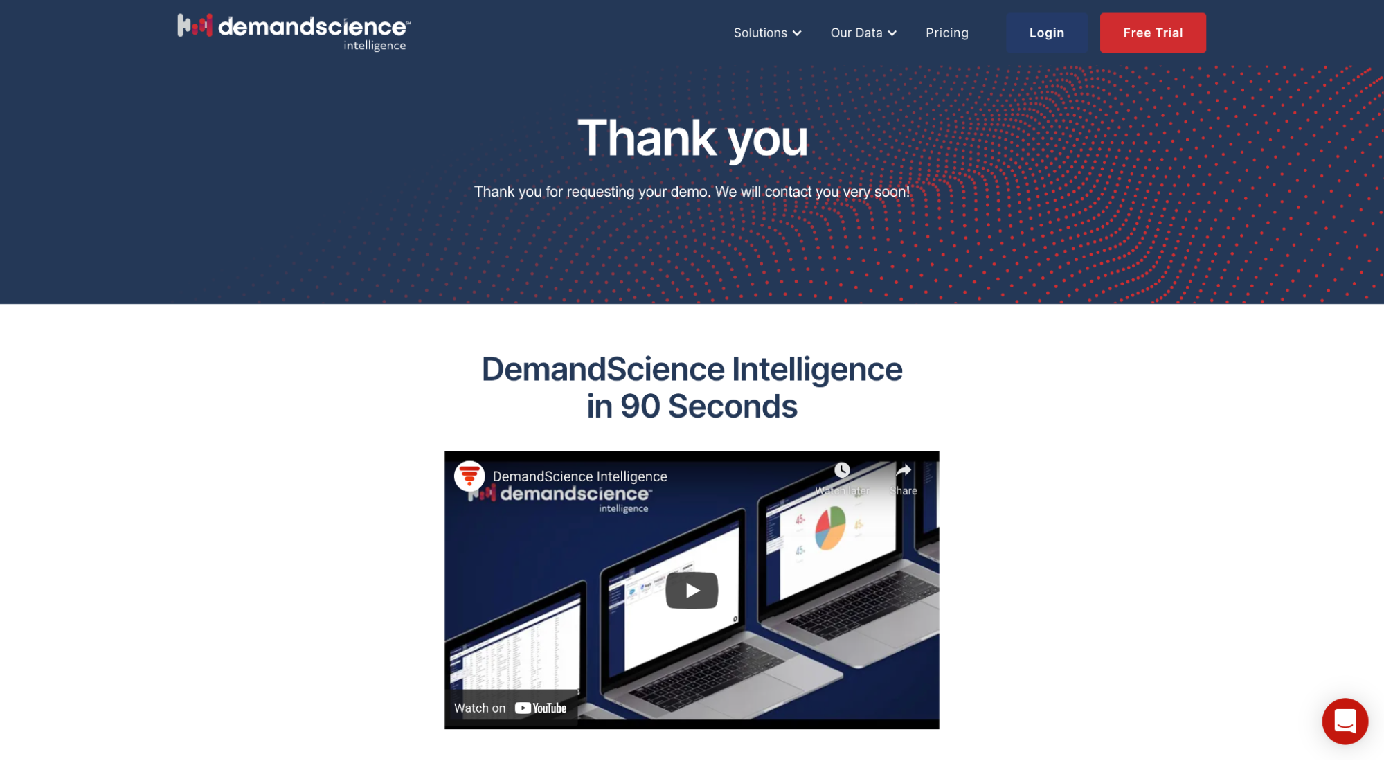 Halaman konfirmasi demo DemandScience