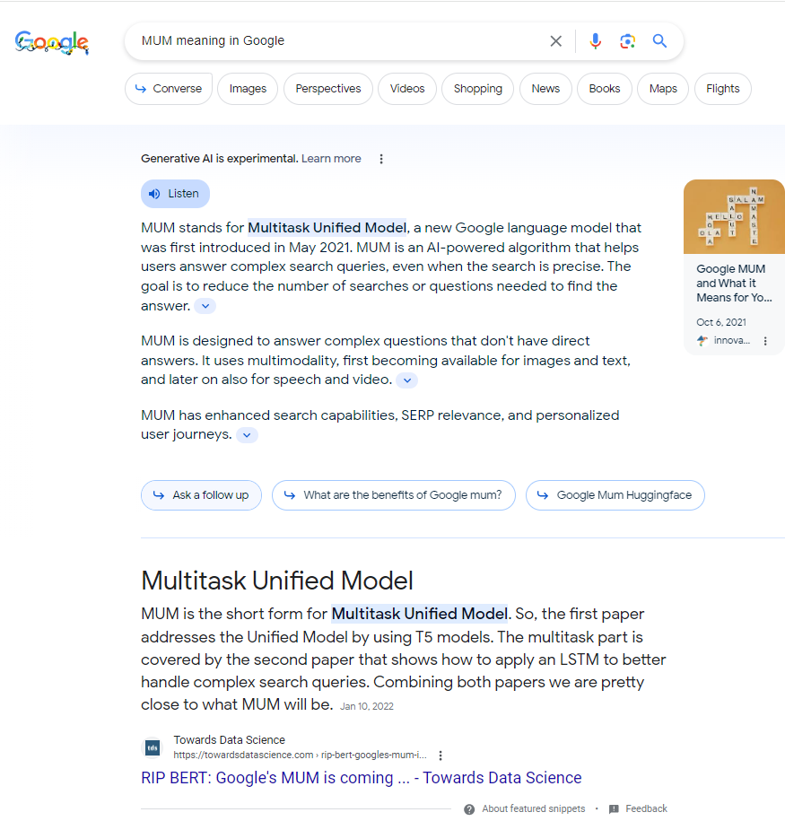 Instantâneo SGE para a consulta de pesquisa “MUM Significado no Google”