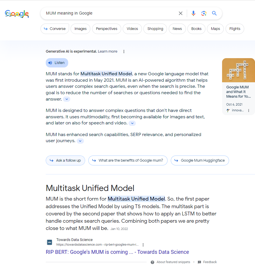 검색어 "MUM Meaning in Google"에 대한 SGE 스냅샷