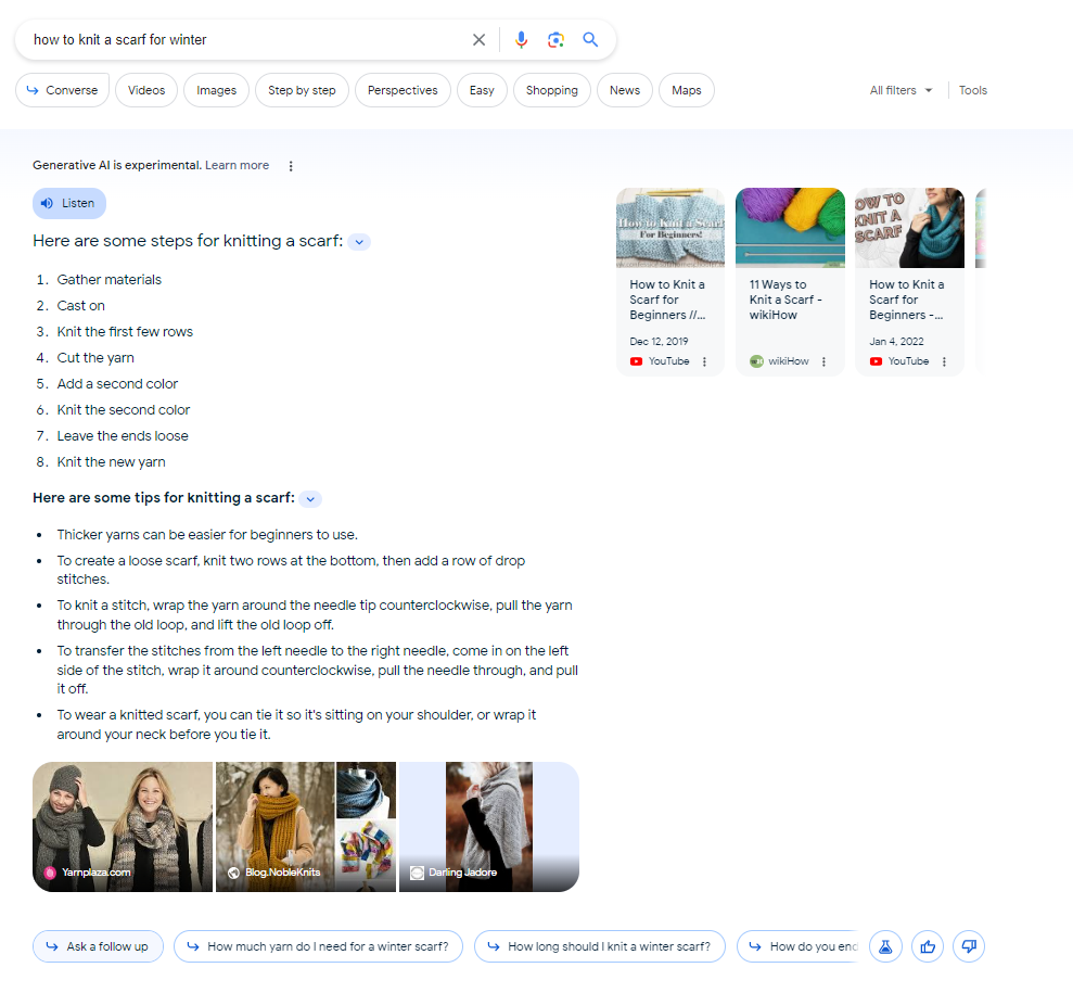 Instantâneo SGE para a consulta de pesquisa “como tricotar um lenço ou inverno”