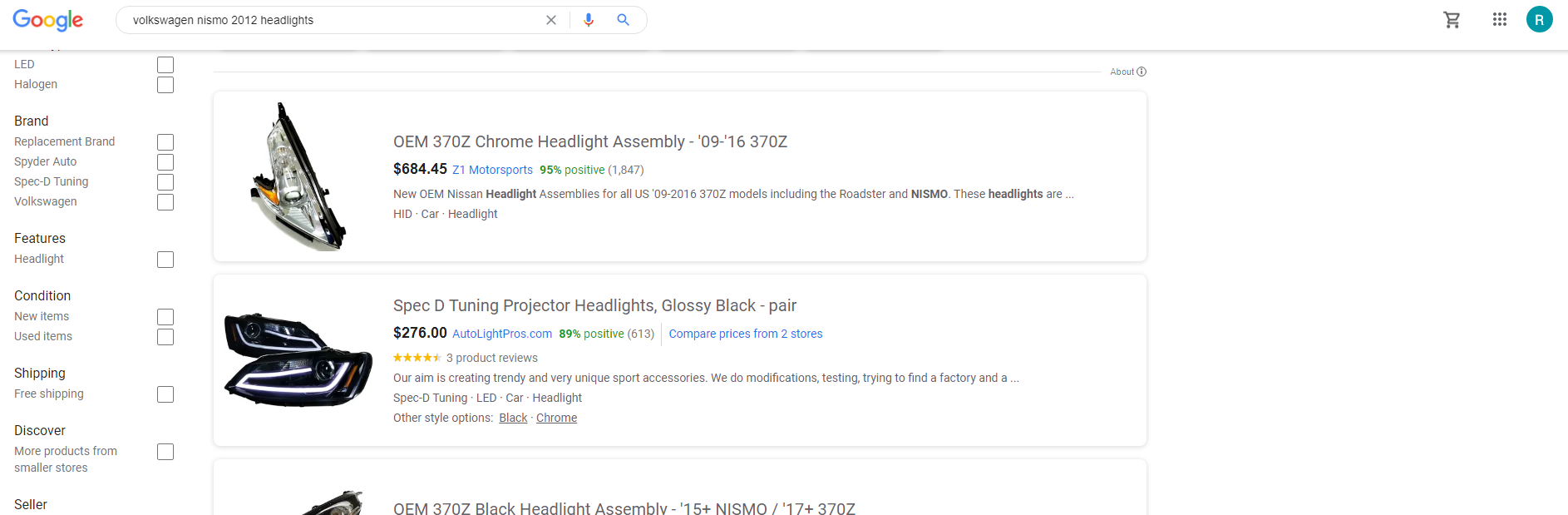 ผลลัพธ์ของ Google Shopping สำหรับชิ้นส่วนรถยนต์