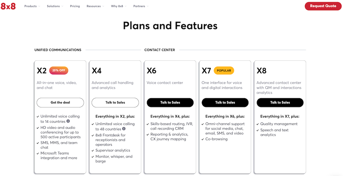 แผนราคา 8x8 แสดงรายการคุณสมบัติบางอย่างแต่ไม่รวมค่าใช้จ่าย