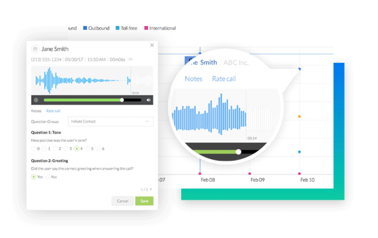 Nextiva-1 で通話を録音して聞く方法を示すスクリーンショット