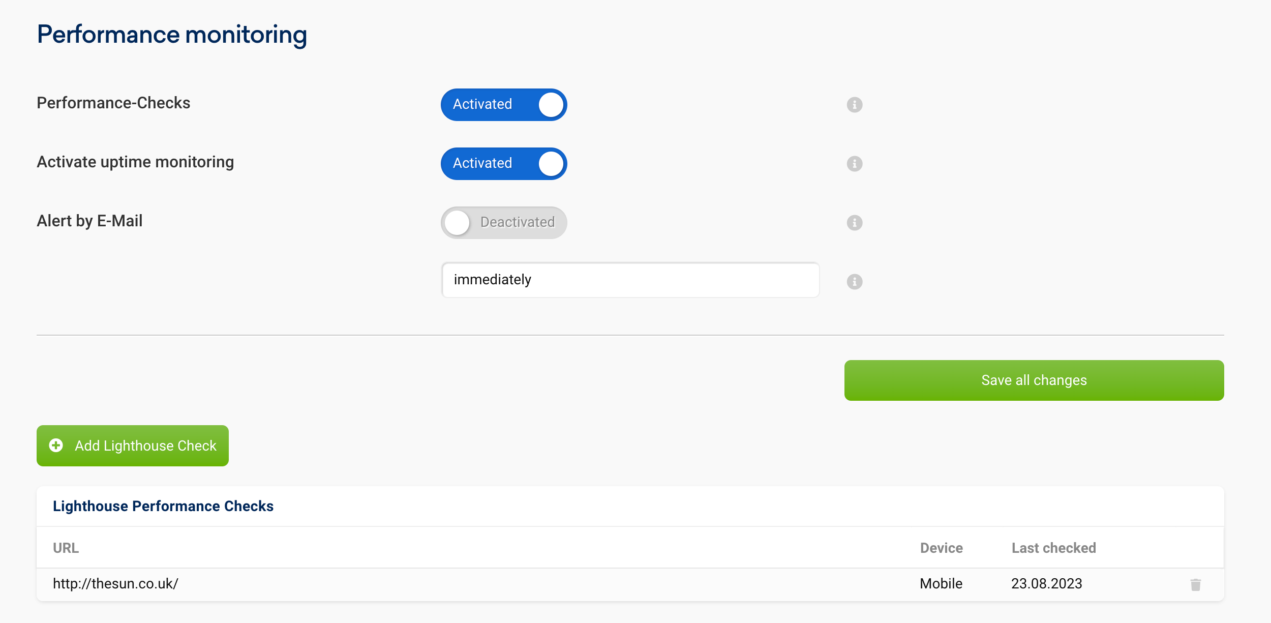 คุณสามารถเพิ่ม Lighthouse Checks เพิ่มเติมได้ในการตั้งค่าของโปรเจ็กต์ Onpage ใน SISTRIX