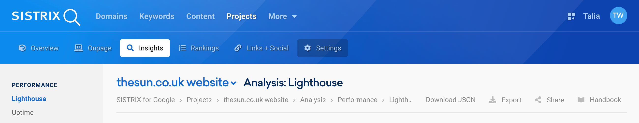 ปุ่มดาวน์โหลด JSON ของการวิเคราะห์ Lighthouse ใน SISTRIX