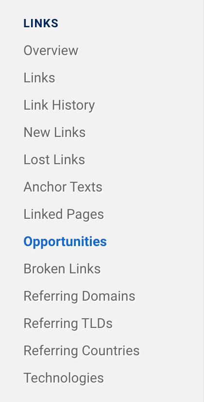 在左侧的 SISTRIX 导航中，菜单项“概述”、“链接”、“链接历史记录”、“新链接”、“丢失链接”、“锚文本”、“链接页面”、“机会”、“失效链接”、“引荐域名”、“引荐 TLD”、“引荐国家/地区”、“技术”可以在“链接”项下找到。