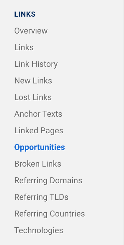 Nella navigazione SISTRIX sul lato sinistro, le voci di menu Panoramica, Link, Cronologia link, Nuovi link, Link persi, Anchor Text, Pagine collegate, Opportunità, Link interrotti, Domini di riferimento, TLD di riferimento, Paesi di riferimento, Tecnologie possono essere trovate alla voce "Links".