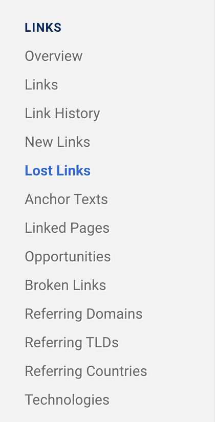 Na navegação do SISTRIX no lado esquerdo, os itens de menu Visão Geral, Links, Histórico de Links, Novos Links, Links Perdidos, Textos Âncora, Páginas Vinculadas, Oportunidades, Links Quebrados, Domínios de Referência, TLDs de Referência, Países de Referência, Tecnologias podem ser encontrado no item "Links".