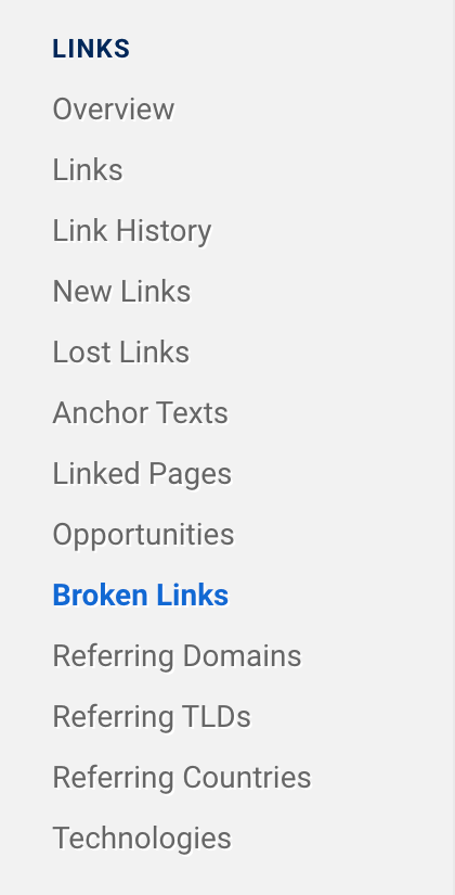 In der SISTRIX-Navigation auf der linken Seite können die Menüpunkte Übersicht, Links, Linkverlauf, Neue Links, Verlorene Links, Ankertexte, Verlinkte Seiten, Chancen, Defekte Links, Verweisende Domains, Verweisende TLDs, Verweisende Länder, Technologien sein finden Sie unter dem Punkt „Links“.