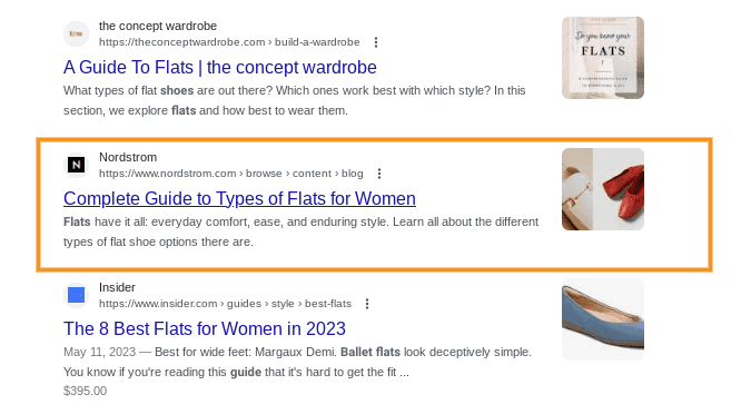 Nordstroms Eintrag „A Guide to Different Types of Flats“ in den Google-Suchergebnissen.