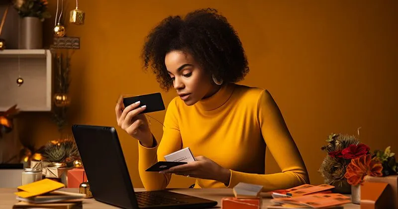 Kadın internetten alışveriş yaparken kredi kartını tutuyor.