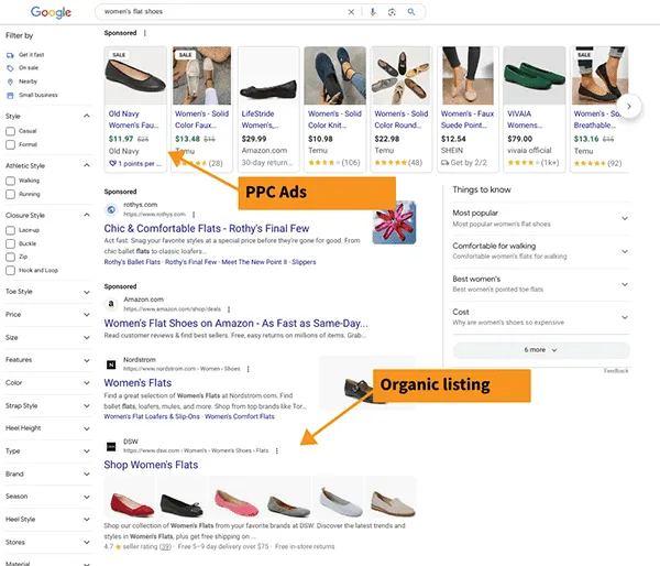 Strona wyników wyszukiwarki Google dla zapytania „płaskie buty damskie”.