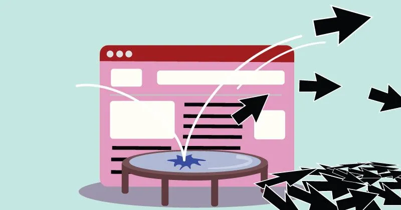 Ilustrație cu săgețile mouse-ului computerului care sări din trambulină în fața unei pagini web.