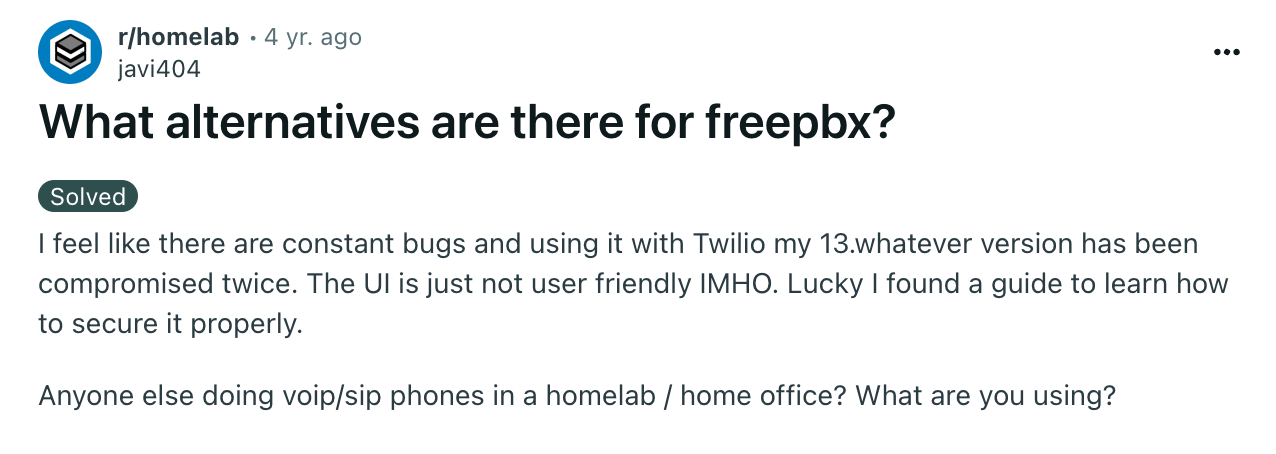 سؤال حول بدائل FreePBX على Reddit