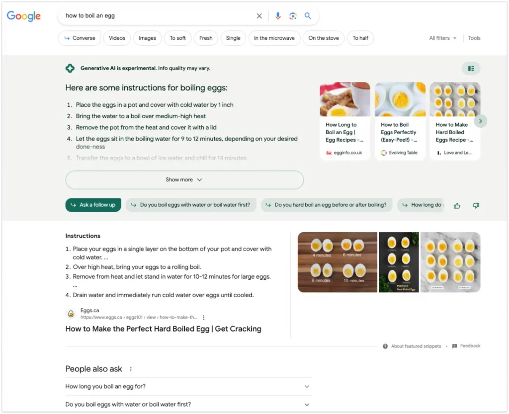 Bu resimde, Google Arama Üretken Deneyimi (SGE) teknolojisi tarafından oluşturulan, vurgulanmış hızlı özet seçeneğinin yer aldığı bir arama sonuçları sayfasının ekran görüntüsü gösterilmektedir.
