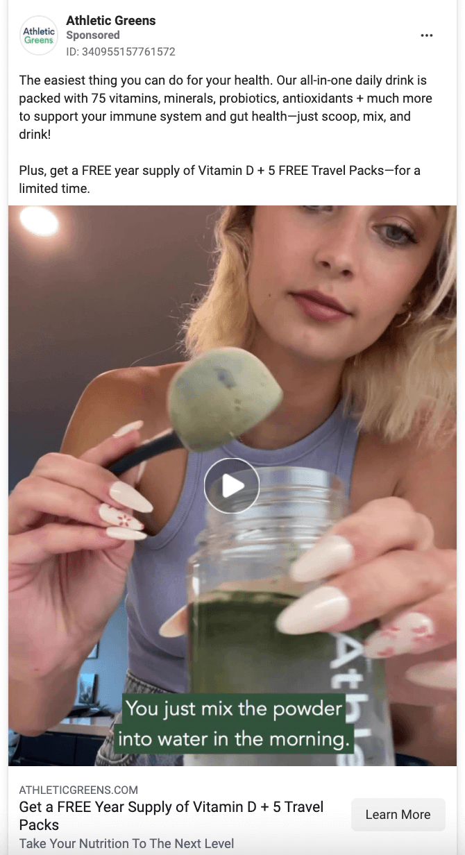 Athletic Greens Facebook ad