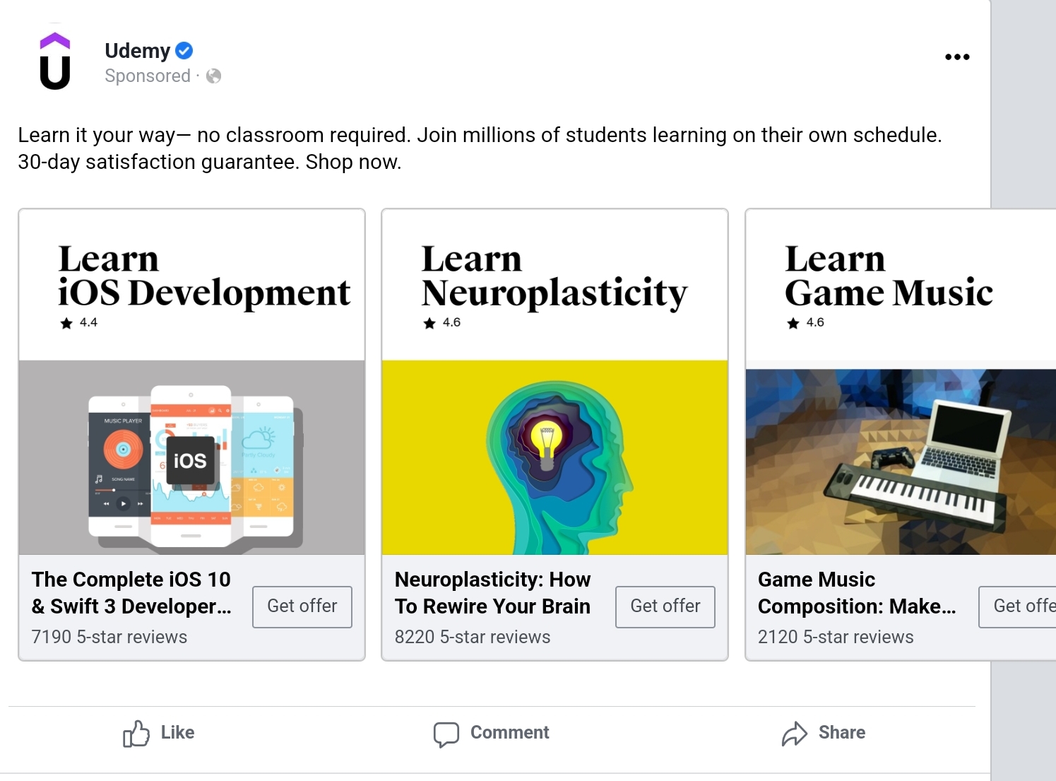 Dynamische Facebook-Anzeige von Udemy