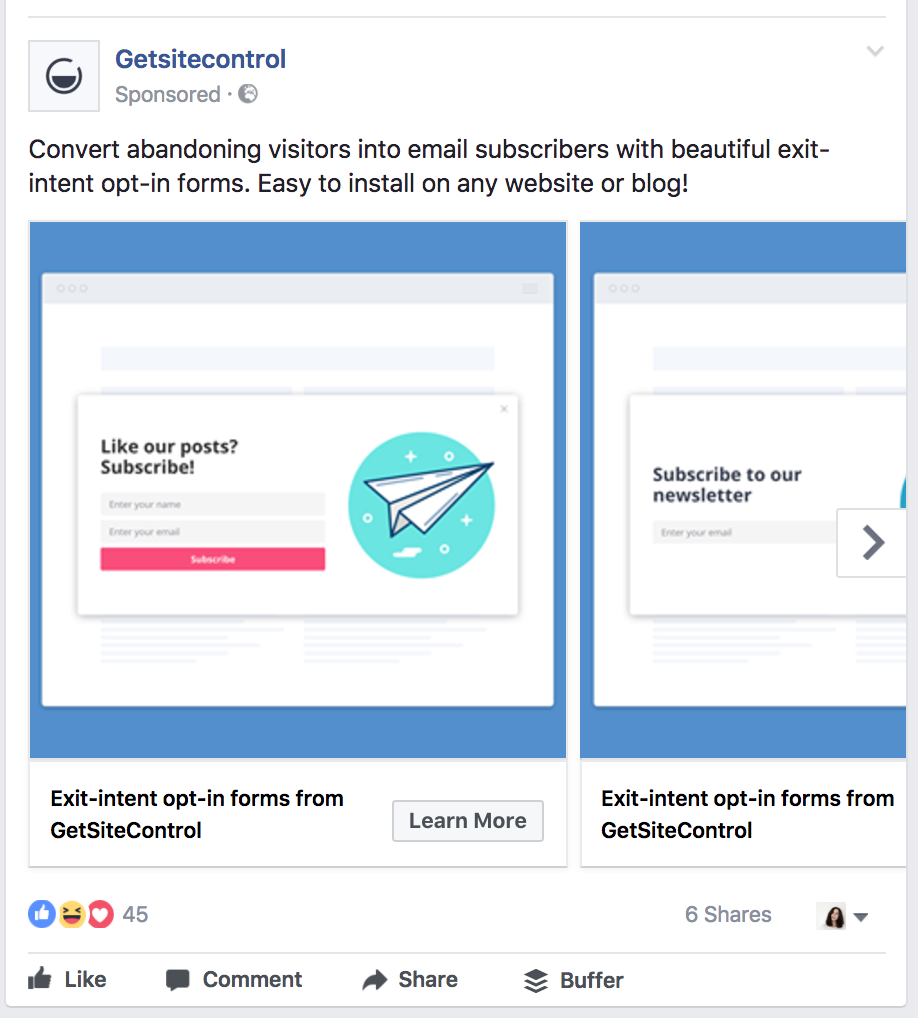 Die Facebook-Karussellanzeige von Getsitecontrol