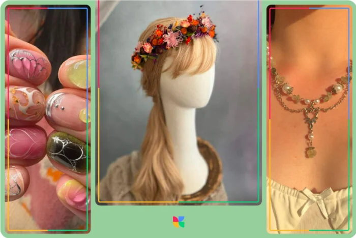 detalii estetice fairycore: unghii, coafura, accesorii.