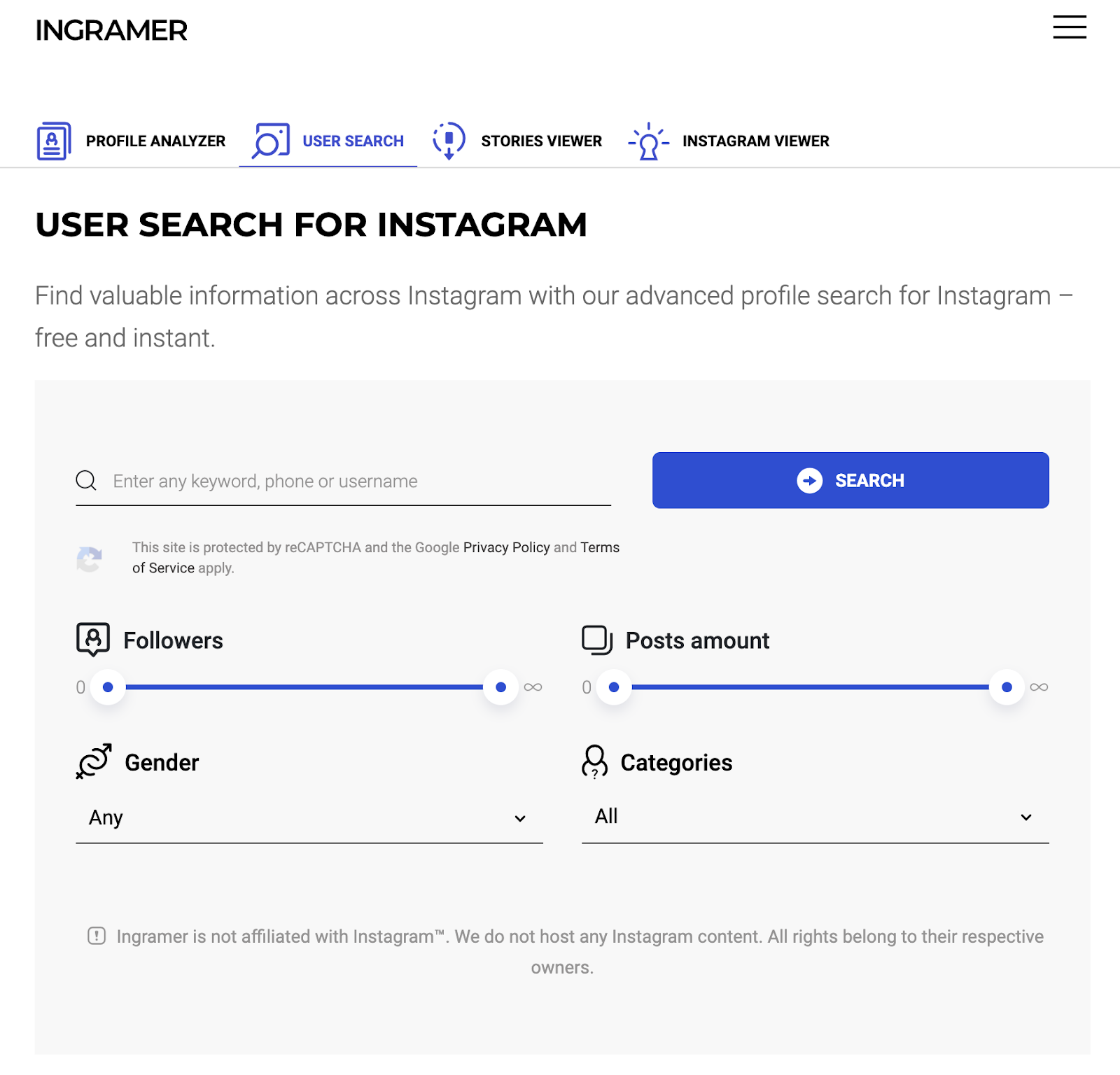 Ingramer للبحث عن مستخدم في Instagram