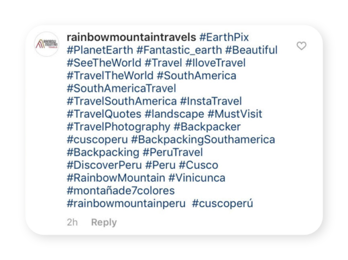 Screenshot degli hashtag di viaggio