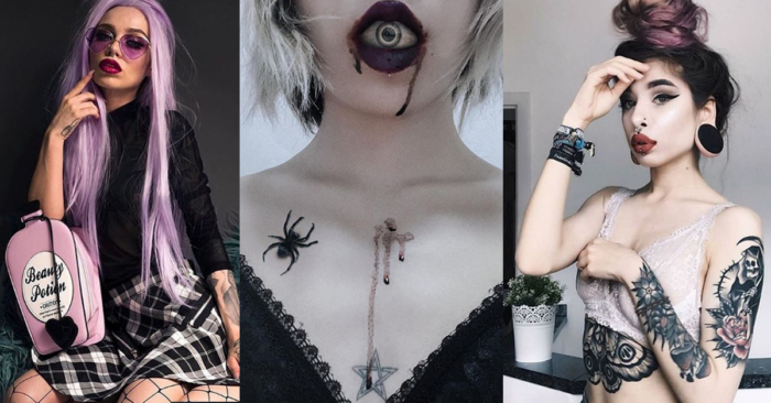 Estética de chica gótica, tatuajes, agujeros para las orejas.