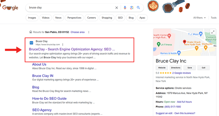 BruceClay.com 主页的 Google 搜索引擎结果列表，包括标题和说明。