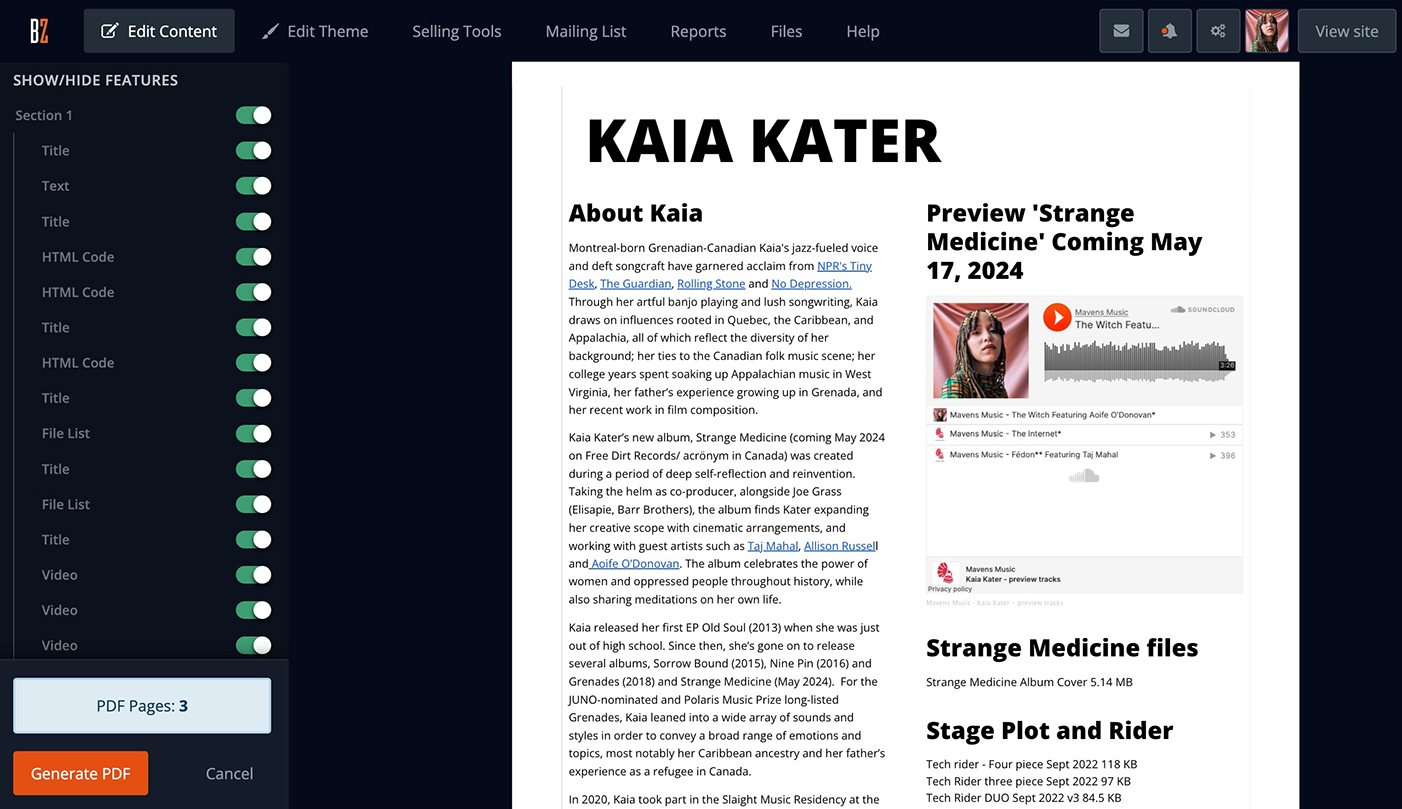 Bandzoogle 有新的 PDF 頁面匯出選項。來自 Kaia Kater 網站的 EPK 匯出螢幕截圖。