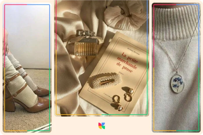 light academia estehtic girl detalles, tacones, perfume, accesorios