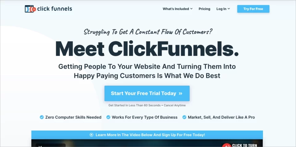 ClickFunnels ana sayfası