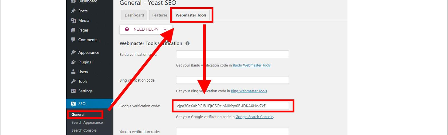 显示在哪里以及如何在 WordPress 中为 Yoast SEO 添加 Search Console 验证码的说明