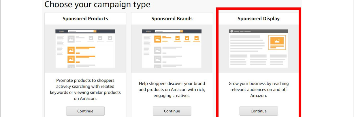 Варианты, доступные для типа рекламной кампании на Amazon