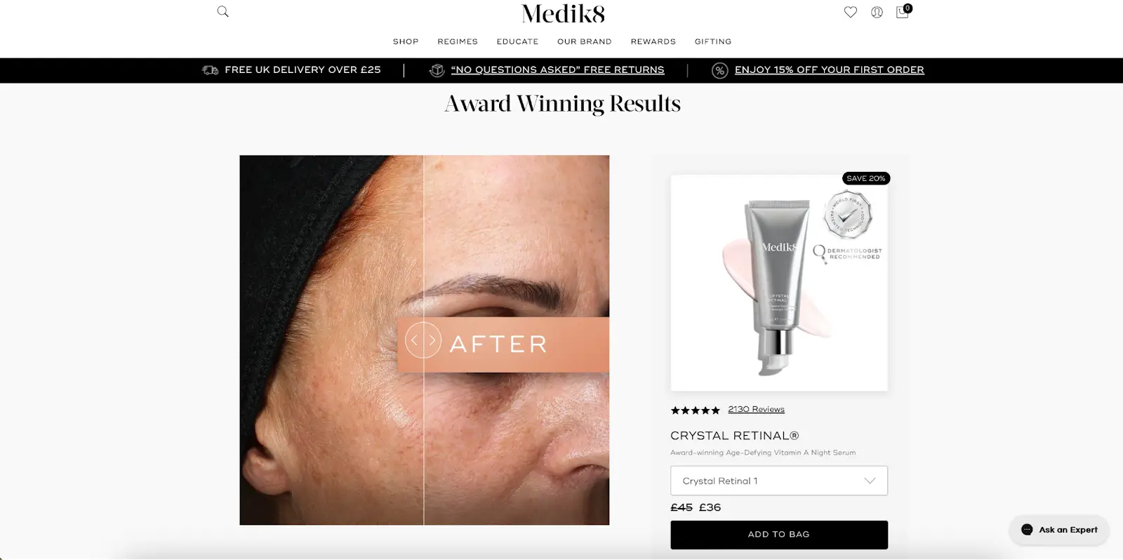 這張圖片展示了英國專業護膚品牌 Medik8 如何強調其產品在對抗老化和色素沉著方面的功效。它討論了利益細分如何幫助像 Medik8 這樣的護膚品牌識別客戶的痛點，進行相應的細分，並將這些細分與合適的產品相匹配。
