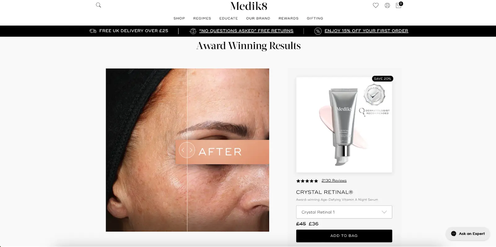 Cette image montre comment Medik8, une marque professionnelle de soins de la peau basée au Royaume-Uni, met l'accent sur les bienfaits de ses produits dans la lutte contre le vieillissement et la pigmentation. Il explique comment la segmentation des avantages peut aider les marques de soins de la peau comme Medik8 à identifier les problèmes des clients, à les segmenter en conséquence et à faire correspondre les segments avec les produits appropriés.