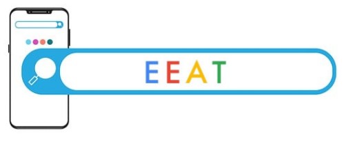 image d'une barre de recherche sortant d'un téléphone portable qui dit "EEAT" aux couleurs de Google