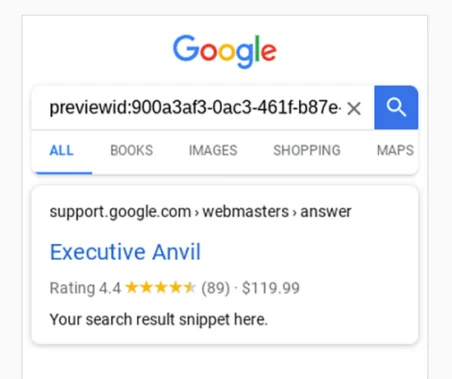 显示 Google 富媒体搜索结果测试评级的富媒体搜索结果示例。