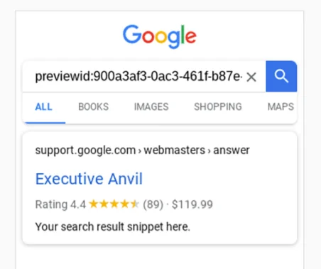 Esempio di risultati avanzati che mostrano le valutazioni del test dei risultati avanzati di Google.