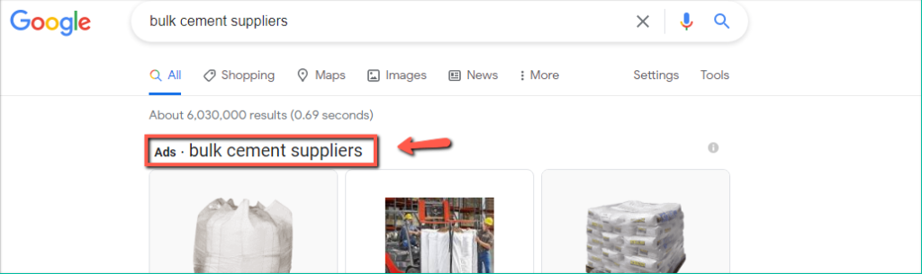 为散装水泥供应商搜索查询展示的 PPC 广告示例