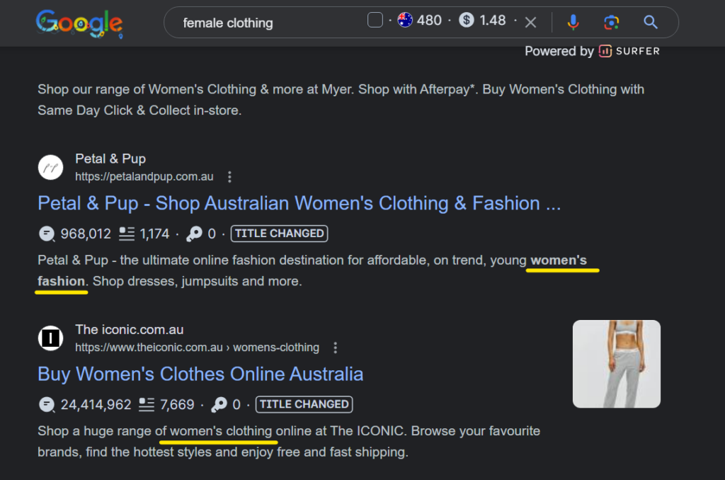 Google SERP での女性服の検索