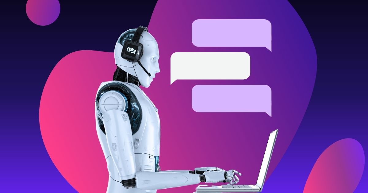 KI-Chatbots, Roboter sitzt am Laptop