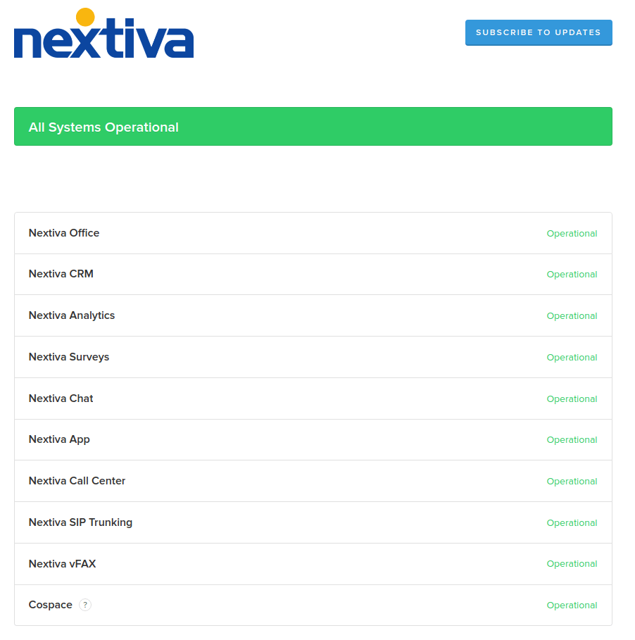 信頼ページの例 - Nextiva ステータスのスクリーンショット