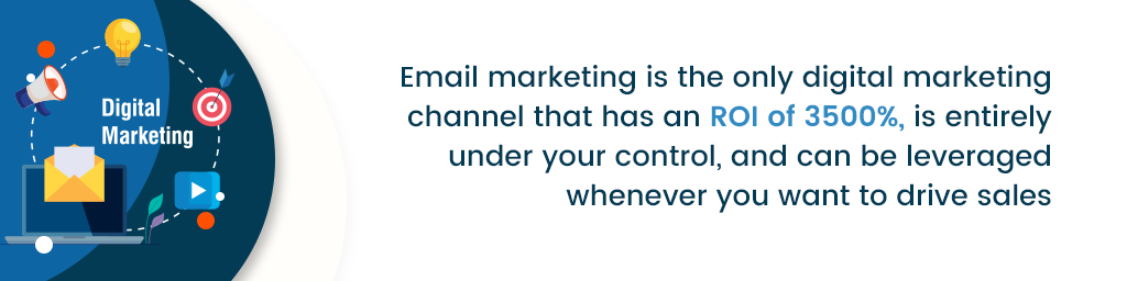 Sebuah info yang berbunyi, "Pemasaran email adalah satu-satunya saluran pemasaran digital yang memiliki ROI sebesar 3500%, sepenuhnya berada di bawah kendali Anda, dan dapat dimanfaatkan kapan pun Anda ingin mendorong penjualan"