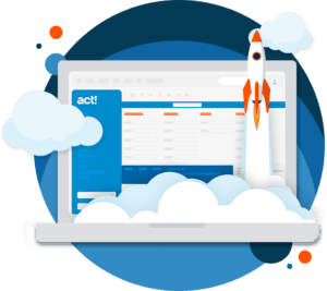 Un'illustrazione di un razzo che decolla da un laptop con lo schermo che mostra Act! CRM.