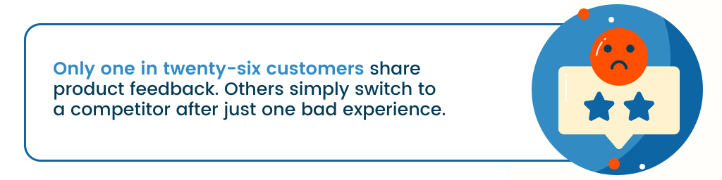 uma frase de destaque que diz: "apenas um em cada vinte e seis clientes compartilha feedback sobre o produto. Outros simplesmente mudam para um concorrente após apenas uma experiência ruim"