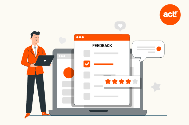illustrazione di una persona in piedi davanti ai rapporti di feedback dei clienti