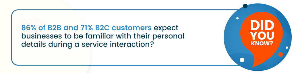 un mesaj care spune: „86% dintre clienții B2B și 71% dintre clienții B2C se așteaptă ca companiile să fie familiarizate cu detaliile lor în timpul unei interacțiuni cu serviciile.