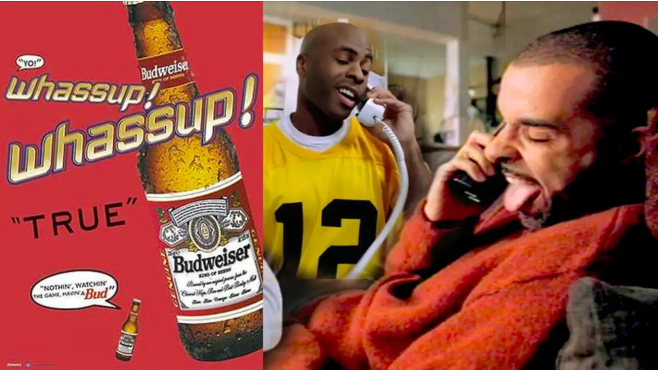 Gambar ini menunjukkan kampanye "Whassup" ikonik Budweiser dari Superbowl tahun 2000, yang menampilkan teman-teman saling menyapa sambil menikmati Budweiser, sebuah upaya pemasaran terpadu yang sangat sukses.