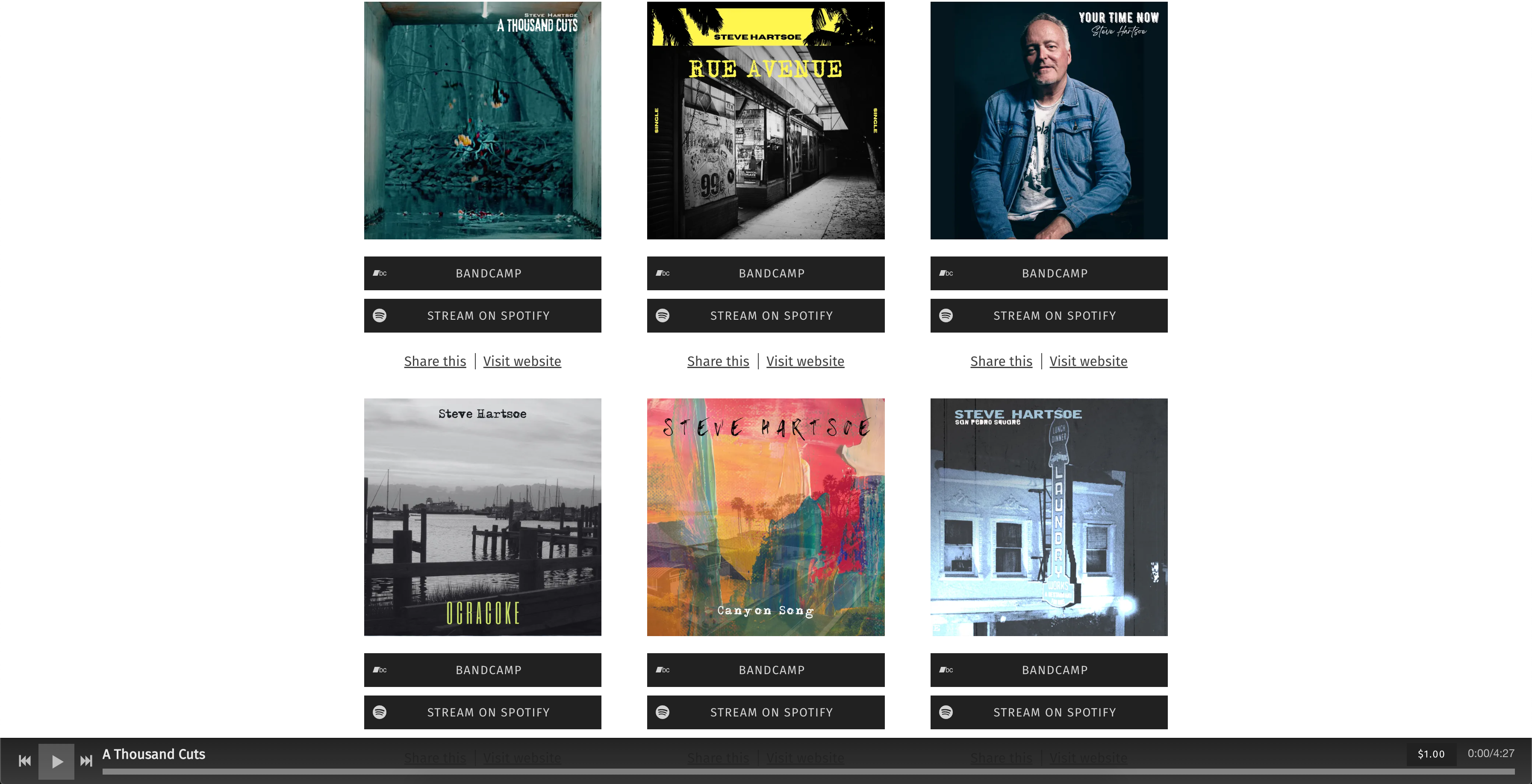 Bandzoogle – beste Smart Link-Seiten für Musiker. Screenshot der Musik-Website des Künstlers Steve Hartsoe, Seite „Smart Links“.