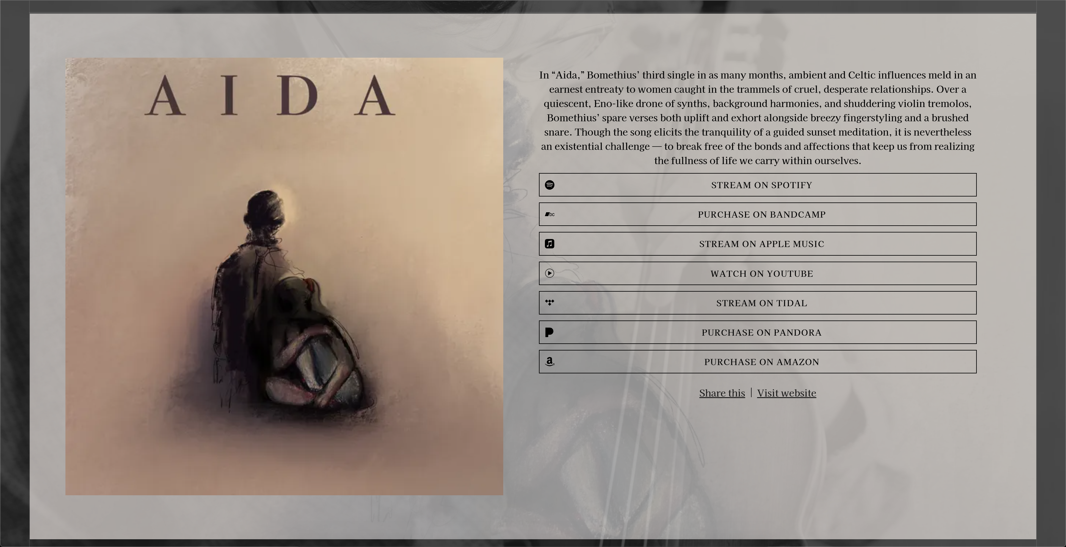 Bandzoogle: las mejores páginas de enlaces inteligentes para músicos. Captura de pantalla del sitio web de música de la artista Aida, página de Enlaces Inteligentes