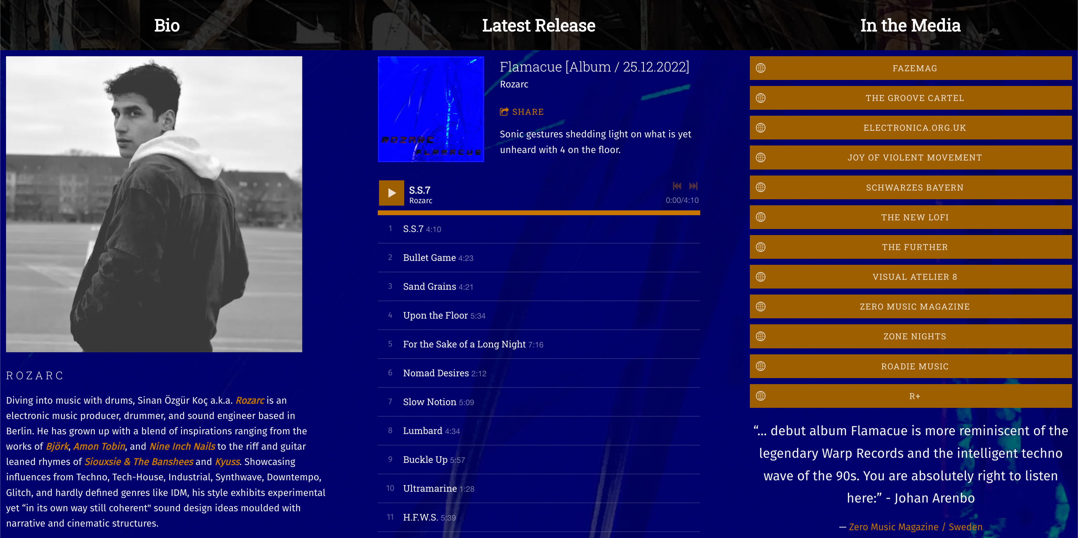 Bandzoogle - أفضل صفحات Smart Link للموسيقيين. لقطة شاشة لموقع الموسيقى الخاص بالفنان روزارك، صفحة الروابط الذكية